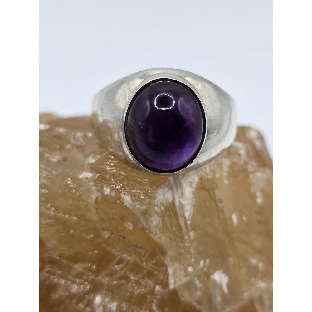 Vintage Style Sterling Silver Signet Ring with Deep Purple Amethyst Cabochon